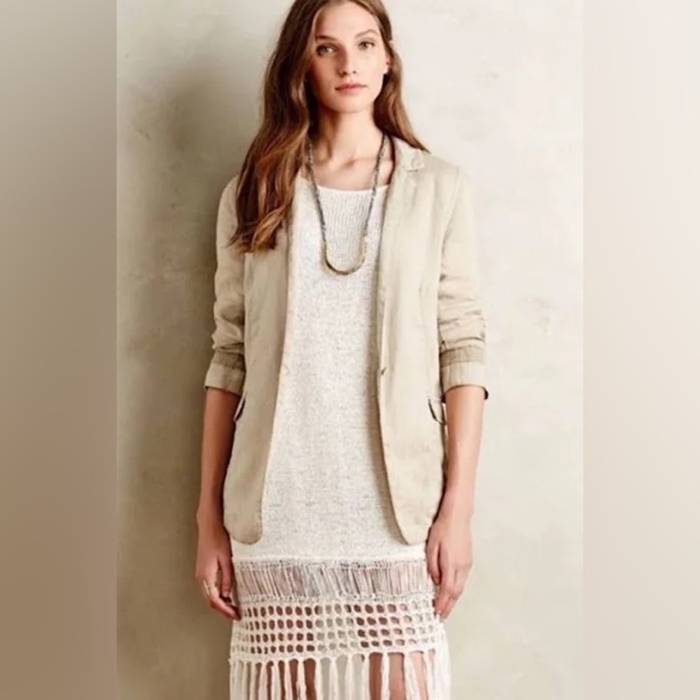 Marrakech Anthropologie 100% linen single button 3/4 sleeve blazer, medium.